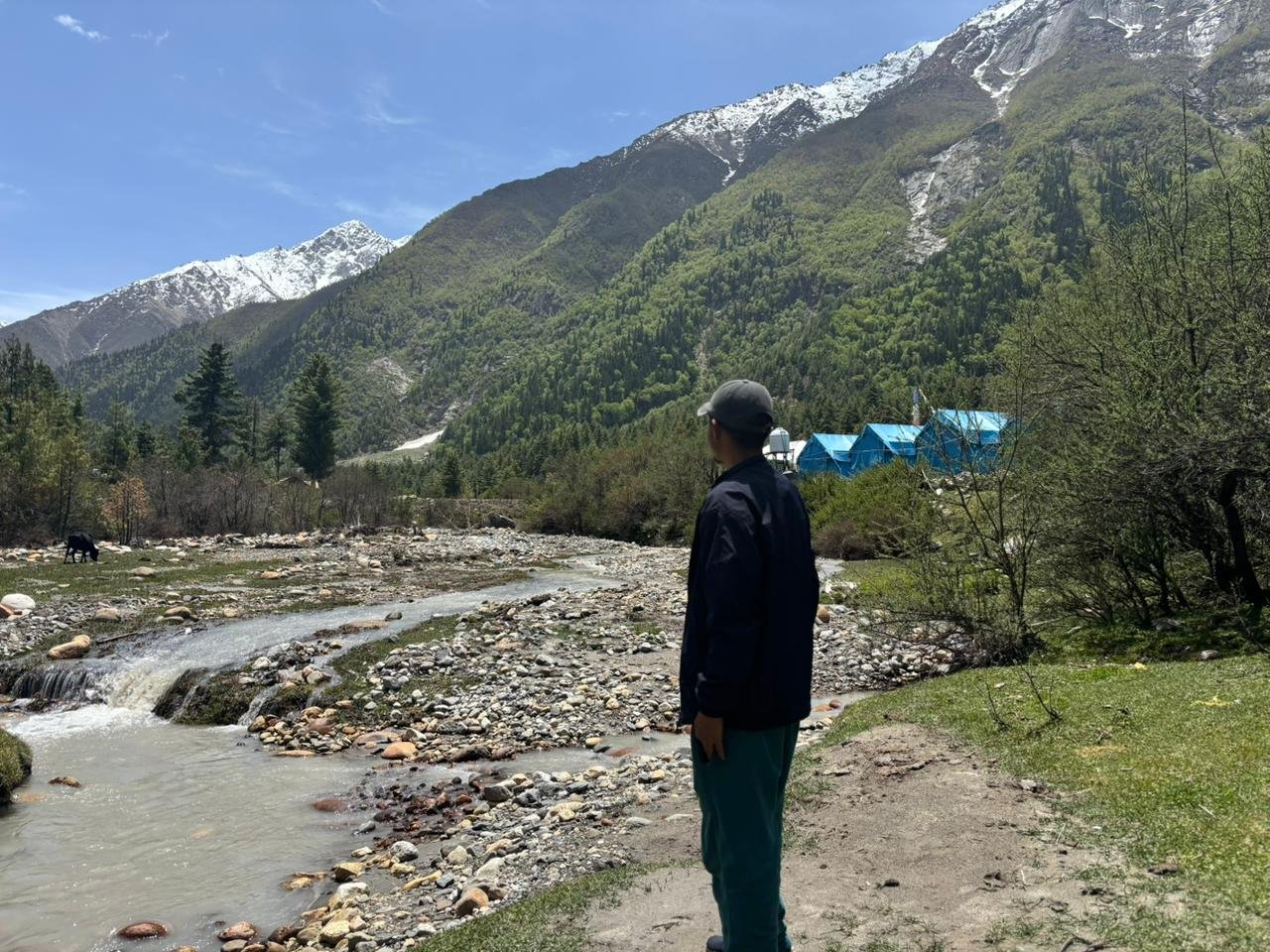 Guest at the Baspa river with snow-capped peaks and blue camp tents visible in the distance